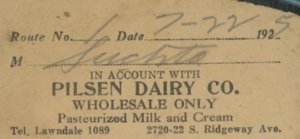 1925 CHICAGO IL PILSEN DAIRY CO. RIDGEWAY AVE WHOLESALE ONLY INVOICE 31-6