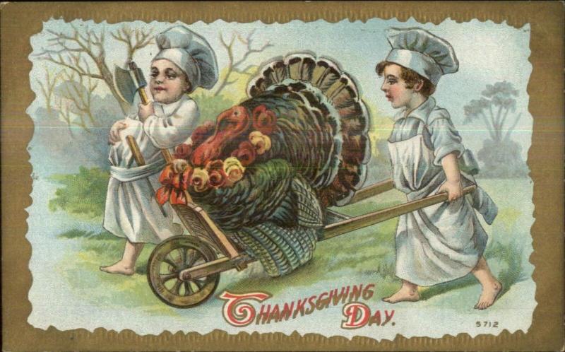 Thanksgiving Little Boy Chefs w/ Turkey in Wheelbarrow c1910 Postcard