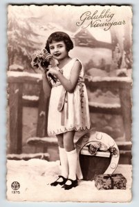 New Year Postcard Girl White Socks Horseshoe Flowers Dutch Text NOYER Photo