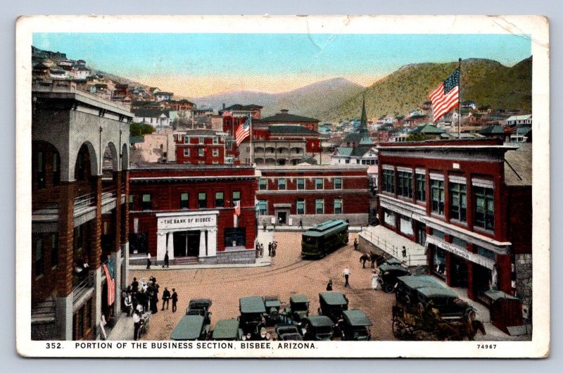 J92/ Bisbee Arizona Postcard c1910 Trolley Business Section Stores  3