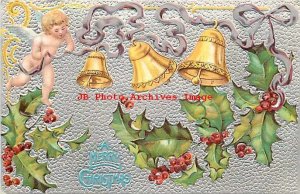 Christmas, Sander No SAN03-2, Angel Ringing 3 Gold Bells on Silver Ribbon, Holly