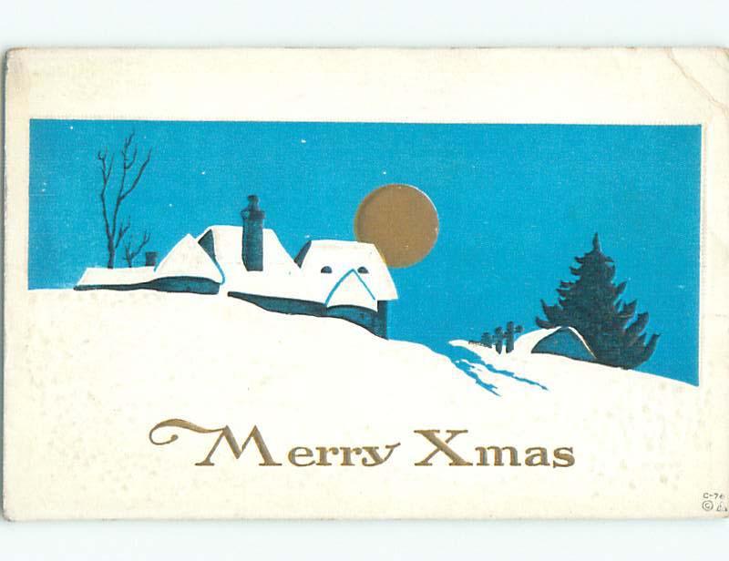 Tape Repair Pre-Linen christmas MOON RISES OVER SNOW-COVERED HOUSES k1683