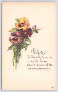 Greetings~Happy Yellow Purple Pansies~We Miss You Every Day~Karle~Vintage PC