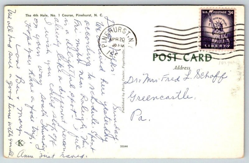 Vintage Pinehurst Golf Course Postcard - 4th Hole  No. 1 Course - 1950's