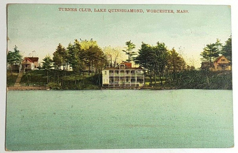 1908 Turner Club, Lake Quinsigamond, Worcester, Mass Old Vintage Postcard A23