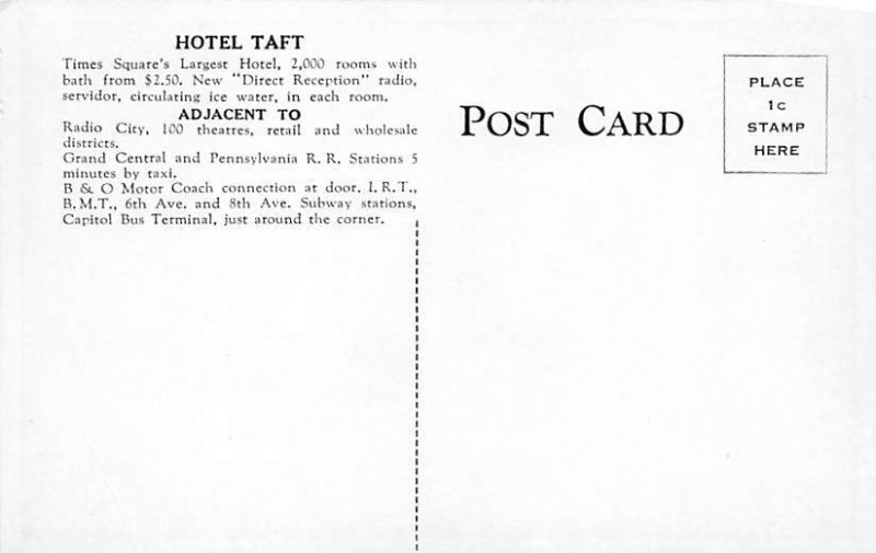 Hotel Taft Seventh Avenue at 50th Street New York City, New York USA Unused 