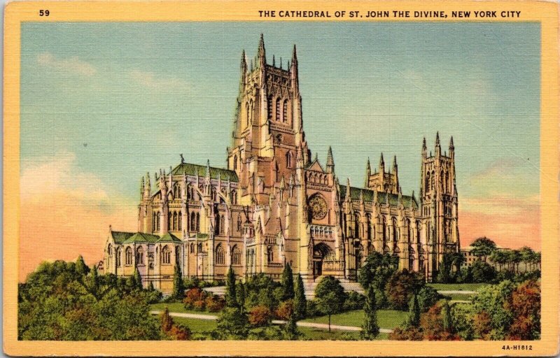 Cathedral Of St John Divine New York City NY Historic Landmark Linen Postcard 
