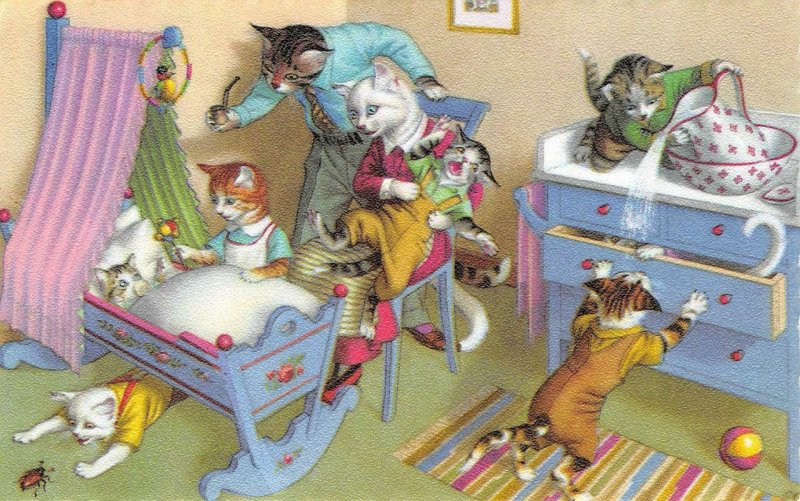 Dressed Cats Family Mainzer Art Anthropomorphic Comic #4881 Vintage Postcard