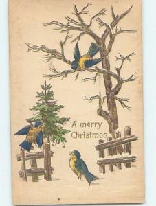 Pre-Linen BLUE AND YELLOW BIRDS AROUND THE CHRISTMAS TREE HL0442