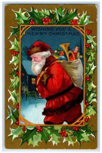 c1910's Christmas Santa Claus With Sack Of Toys Holly Berries Antique Postcard