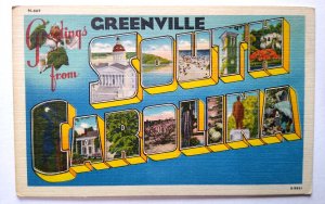 Greetings From Greenville South Carolina Large Big Letter Linen Postcard Unused