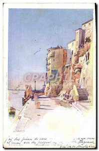 Old Postcard Fantasy Illustrator Villefranche Wharf