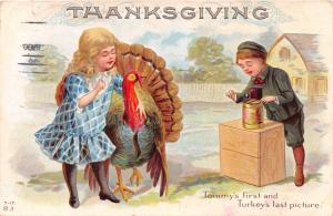 TOMMY'S FIRST & TURKEYS LAST PICTURE~THANKSGIVING GREETING POSTCARD c1912