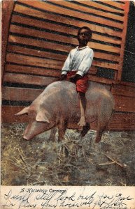 G4/ Black Americana Postcard c1910 Horseless Carriage Boy Riding Pig 24