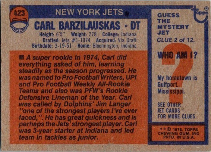 1976 Topps Football Card Carl Barzilauskas New York Jets sk4386