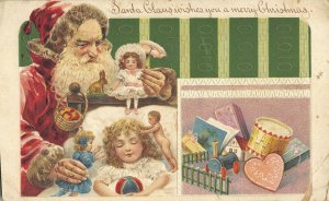 AD150 Sleeping girl Santa leaving dolls fruit c1907 christmas postcard 