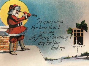 Santa Claus on Roof Looking Through Telescope Christmas Postcard  Xmas