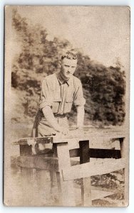 c1910 WORKING YOUNG MAN FARMER BUILDER ROLLED UP SLEEVES  RPPC POSTCARD P680