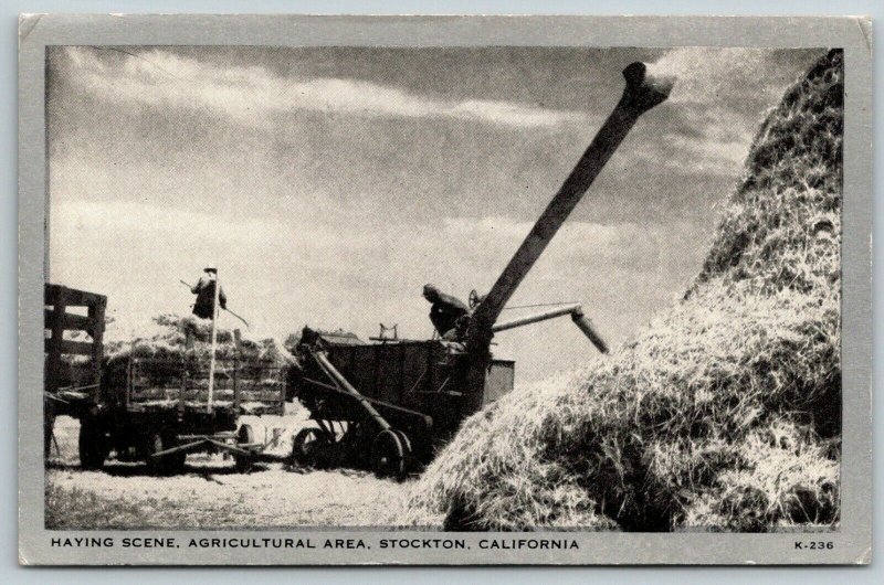 Stockton California~Haying Farm~Farmer in Wagon~Machine~1940s Silver Border PC 