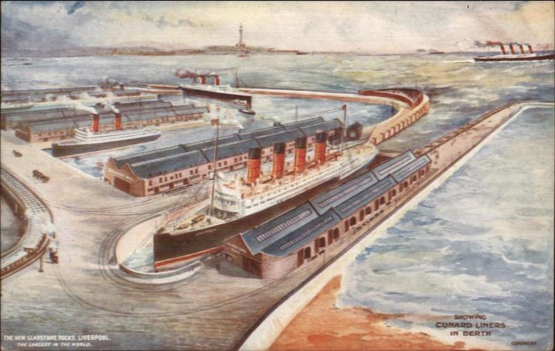 Cunard Line Steamships Mauretania & 1 Other 4 Stacker Steaming Liverpool c1910