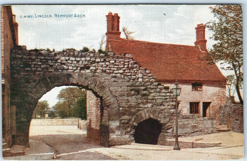 c1910s Lincoln, England Newport Arch Roman Gate Stone Cobblestone House A356