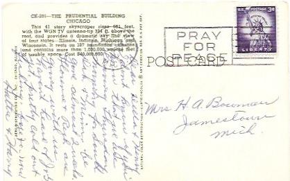 Card Prudential Building Chicago, Illinois. postmark 1962