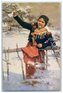 c1910 Holiday Greetings Woman Tree Branch Czech Republic Unposted Postcard