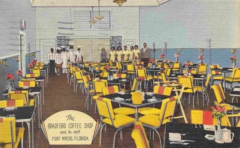 Bradford Coffee Shop & Staff Fort Myers Florida 1950 linen postcard