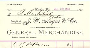 1900 RAWLINS WYOMING J.W. HUGUS & CO GENERAL MERCHANDISE INVOICE Z854