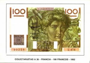 france, Cent 100 Francs 1952, BANKNOTES Modern Money Postcard