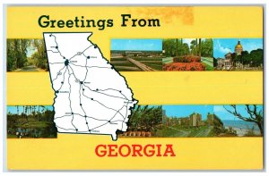 1975 Greetings From Georgia Composite View Map Places Route Beach Lake Postcard 