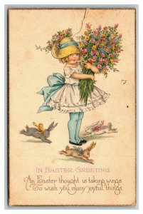 Vintage 1923 Easter Postcard Cute Girl Bonnet White Dress Flowers Bunnies