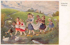 A218 Art signed Franziska Schenkel Children Wedding Play Goose vintage postcard