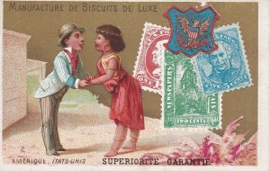 TC: Manufacture de Biscuits de Luxe, Romantic Couple, Stamps, Windmill, 1890s