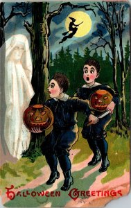 Scared Boys Ghost in Woods Full Moon Witch EC Banks Halloween Postcard 1909