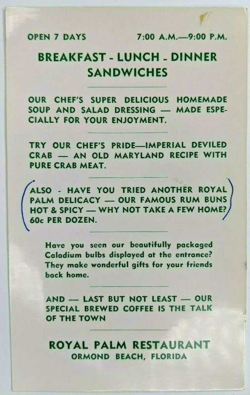 Vtg Royal Palm Restaurant Menu - Ormond Beach, Florida 