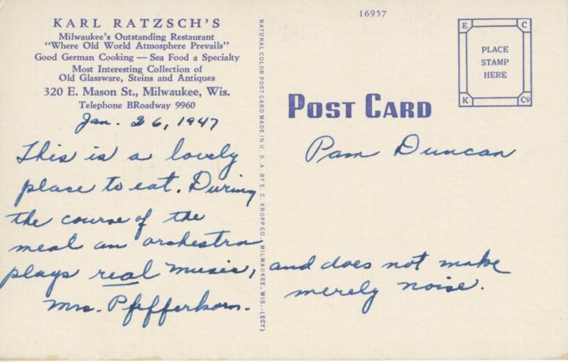 Karl Ratzsch's Restaurant ~ Milwaukee Wisconsin WI ~ Ratzsch Postcard