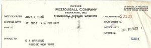 1928 FRANKFORT INDIANA McDOUGALL COMPANY KITCHEN CABINETS INVOICE BILLHEAD Z4236