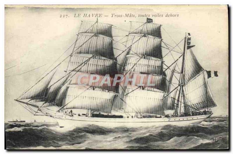 Postcard Old Boat Sailing Le Havre Three masts in full sail