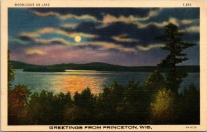 Vtg 1930s Moonlight on Lake Greetings from Princeton Wisconsin WI Postcard