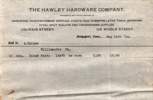 1914  Bridgeport  Connecticut  The Hawley Hardware Co.  Receipt  8 x 5