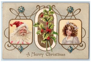 c1910's Christmas Santa Claus And Girl  Berries Embossed Newark OH Postcard 