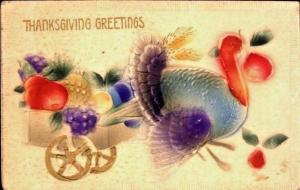 THANKSGIVING GREETINGS-TURKEY PULL CART- AIR BRUSHED POSTCARD