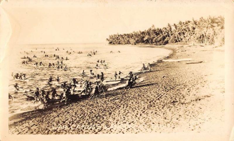 Tahiti War Canoes On Beach Real Photo Antique Postcard K72315