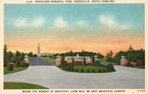 Vintage Postcard 1930's Woodlawn Memorial Park Greenville South Carolina APCC