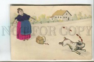 478141 APPLIQUE Fat Woman & Hungry BULLDOG Dog Sausages COMIC Vintage postcard