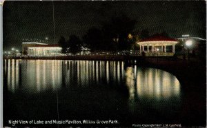 Night View of Lake and Music Pavilion, Willow Grove Park PA Vintage Postcard S61
