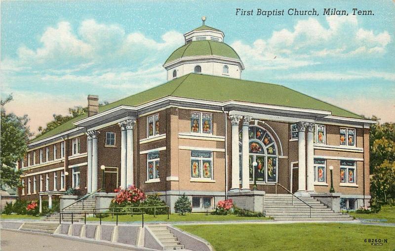 Linen Postcard First Baptist Church Milan TN Gibson County Unposted