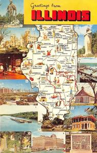 Illinois~Map Greetings~Lincoln~Chicago~Black Hawk~Lowden State Park~1950s Pc