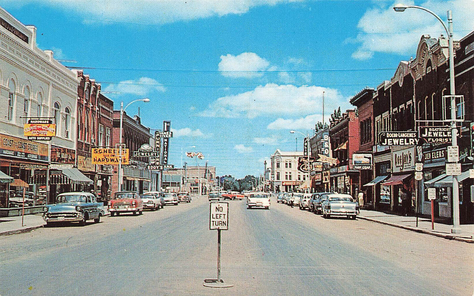 Jamestown ND Street View Storefronts 1950's Old Cars, Postcard